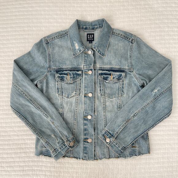 Gap Denim Women's Raw Distressed Hem Cotton Jean Jacket Light Blue Wash Size S - Picture 1 of 5